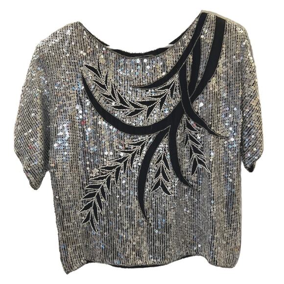 J. L. B. Women's Vintage Silver Sequin Silk Blouse Size M - Picture 1 of 6